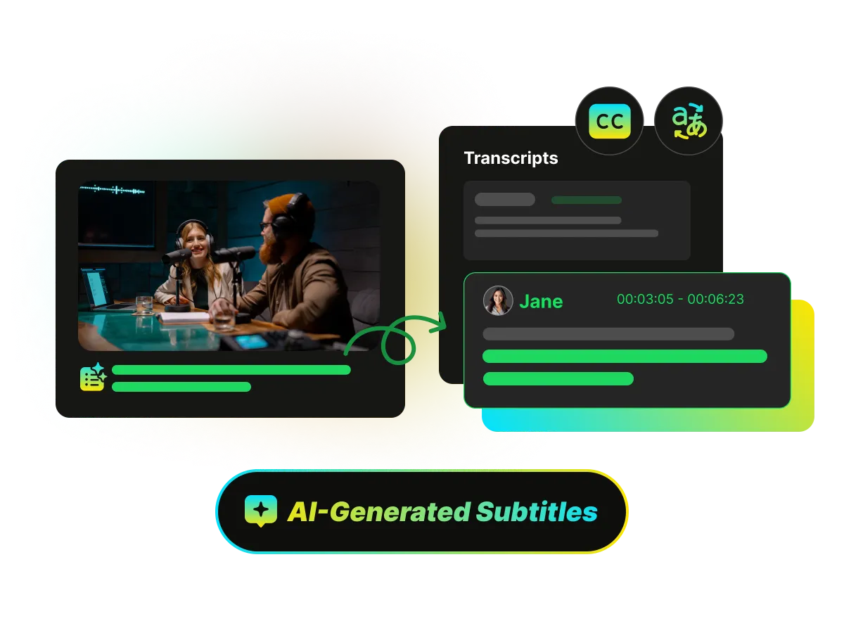 A demonstration of WayinVideo's AI-generated subtitles feature, showing a video player linked to an accurate, timestamped transcript.